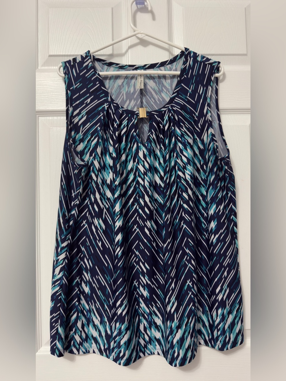 Perseption Navy, Teal & White Sleeveless Printed Tank with Gold Accent